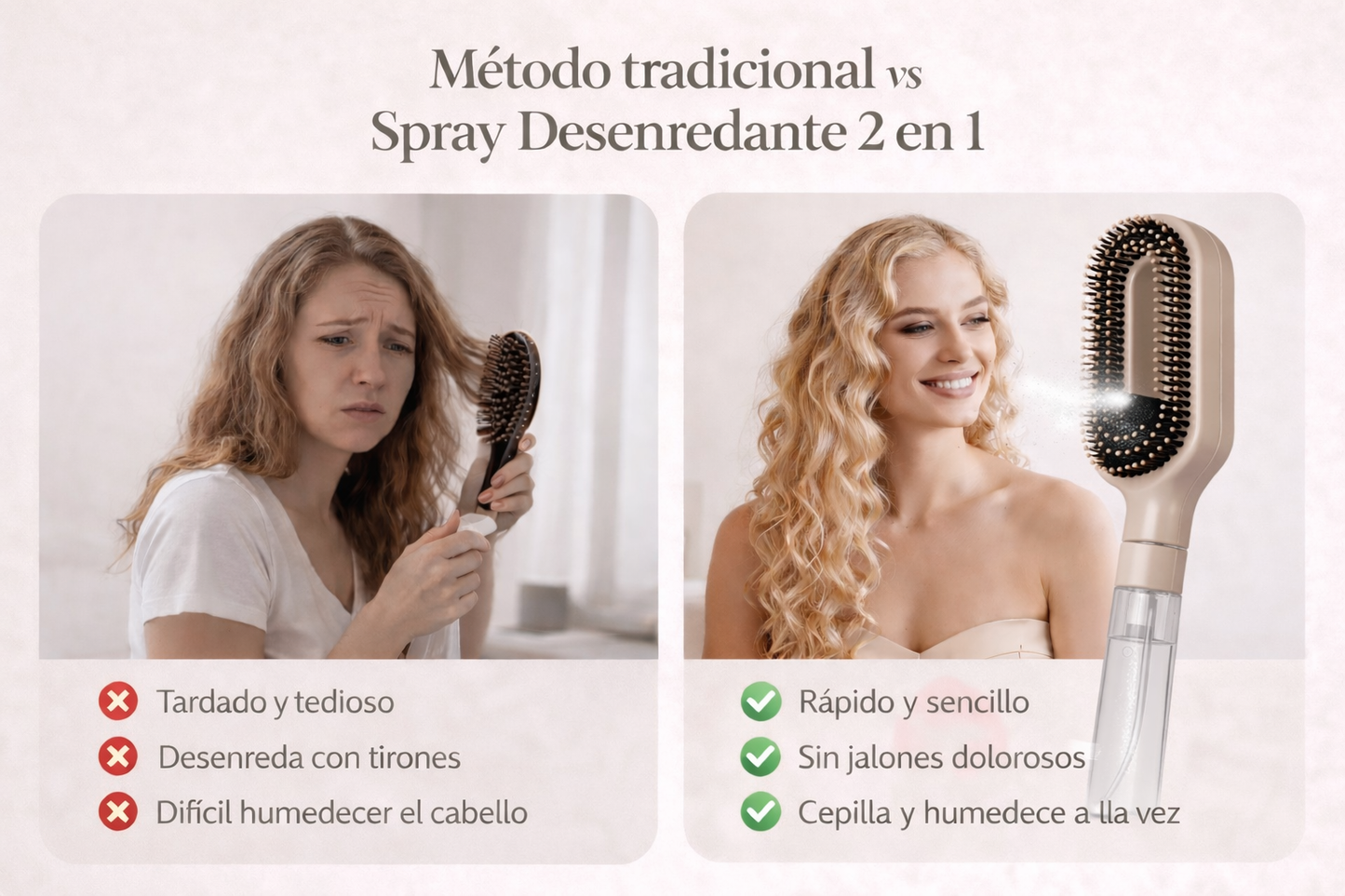 Cepillo 2 en 1 con Spray – Peinado Fácil para Cabello Difícil
