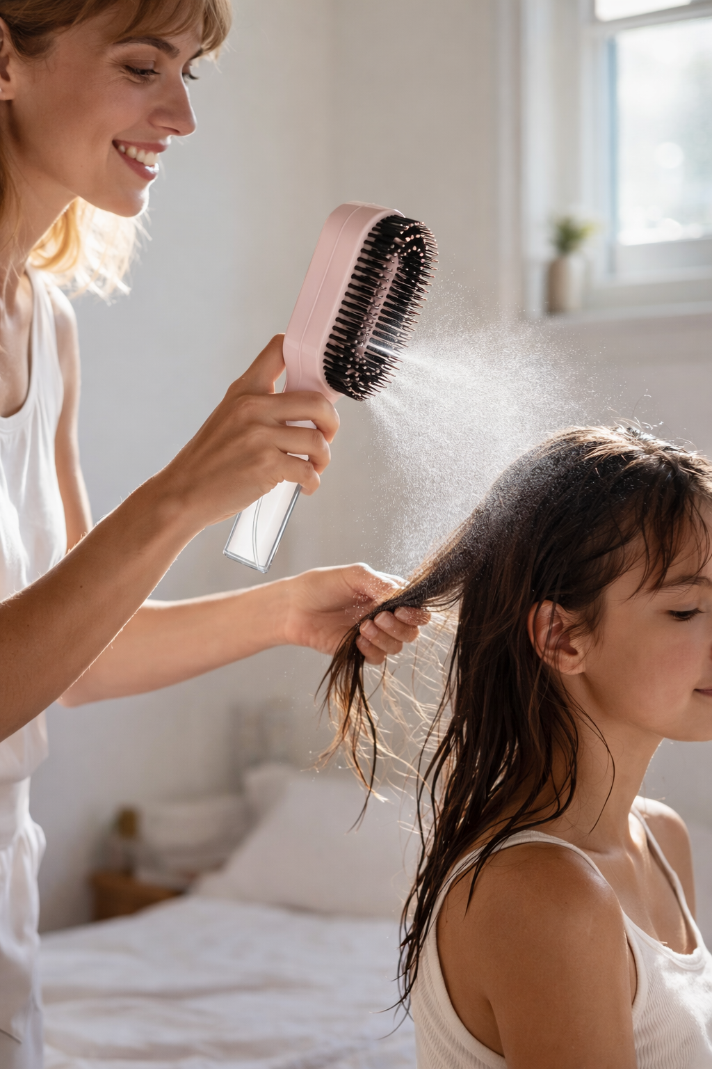 Cepillo 2 en 1 con Spray – Peinado Fácil para Cabello Difícil