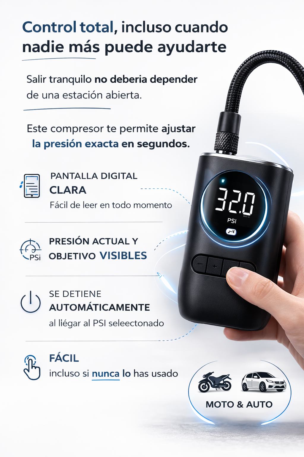 Inflador Portátil Profesional para Emergencias en Carro y Moto