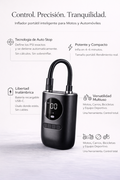Inflador Portátil Profesional para Emergencias en Carro y Moto